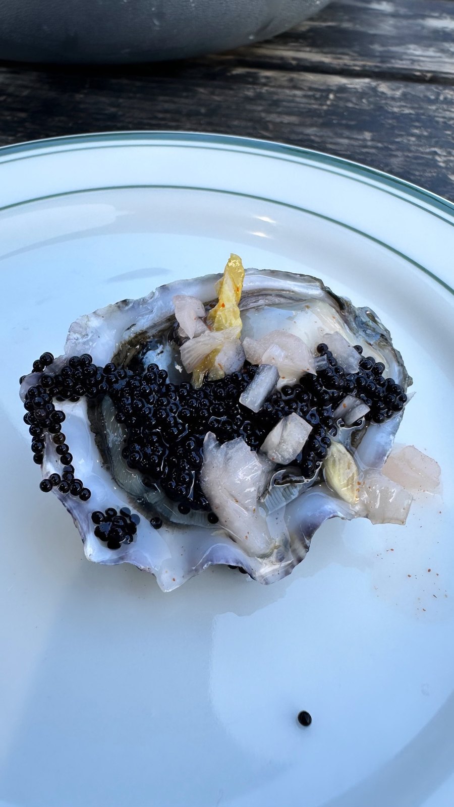 A freshly shucked oyster topped with black caviar, shallots, and citrus on a white plate