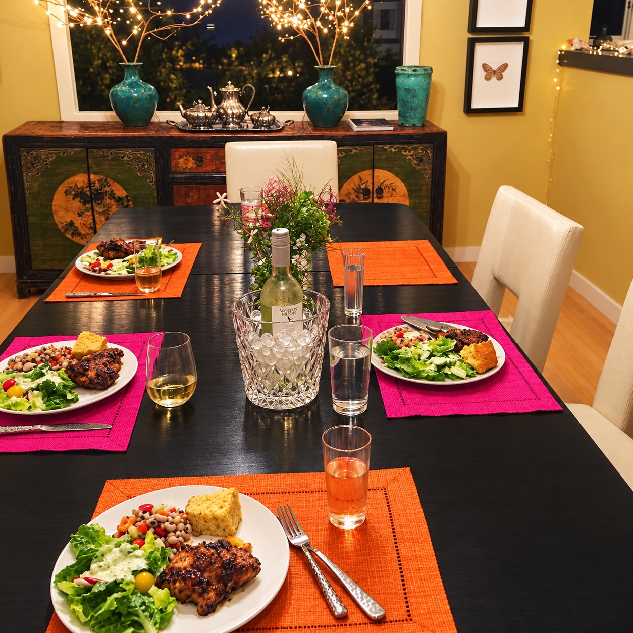 Dinner plates on a black table with pink and orange placemats, flowers, wine, and a crystal wine cooler.